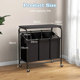 3-Section Laundry Sorter Cart with Ironing Board and Lockable Wheels-Black