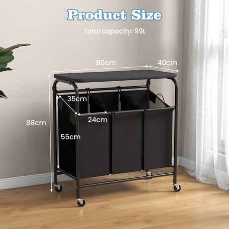3-Section Laundry Sorter Cart with Ironing Board and Lockable Wheels-Black