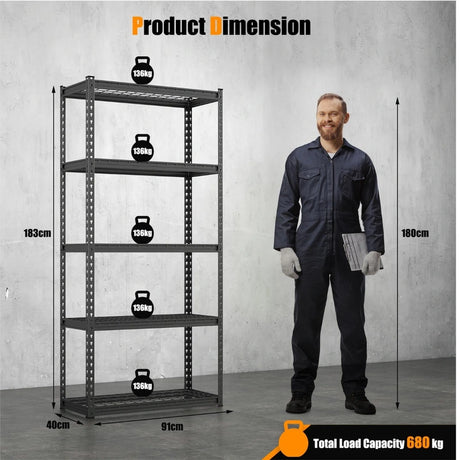 5-Tier Metal Shelving Unit with Anti-slip Foot Pad Height Adjustable Shelves for Garage-M