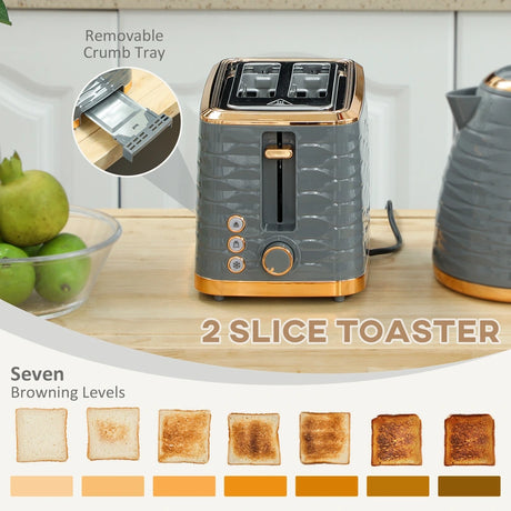 HOMCOM 3000W 1.7L Rapid Boil Kettle & 2 Slice Toaster, Kettle and Toaster Set with 7 Browning Controls and Crumb Tray, Grey