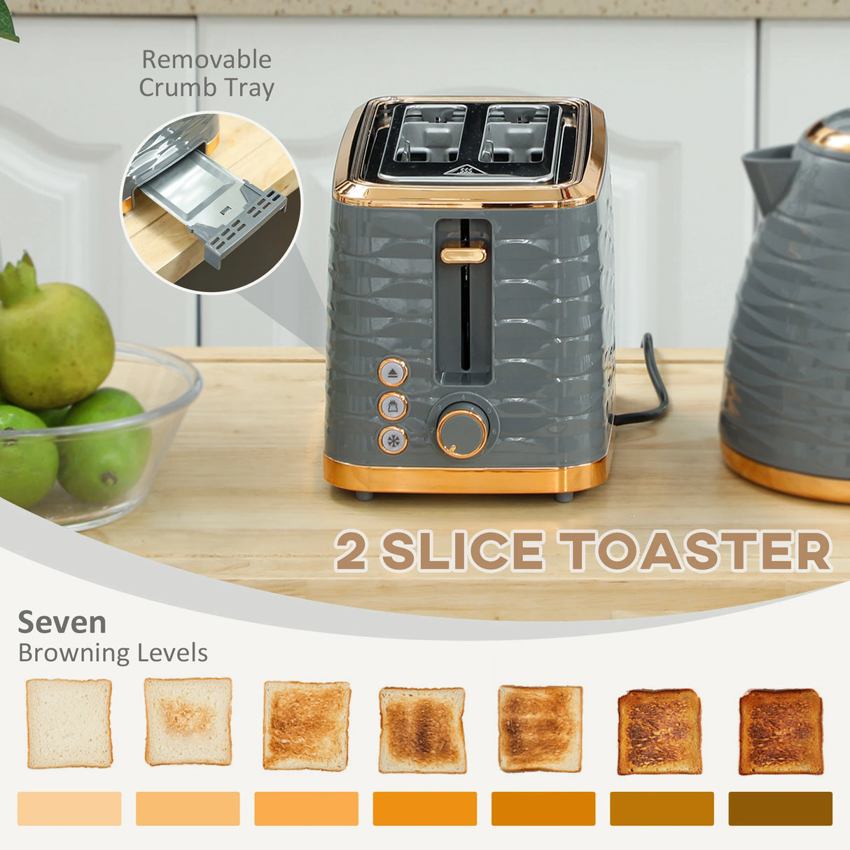 HOMCOM 3000W 1.7L Rapid Boil Kettle & 2 Slice Toaster, Kettle and Toaster Set with 7 Browning Controls and Crumb Tray, Grey