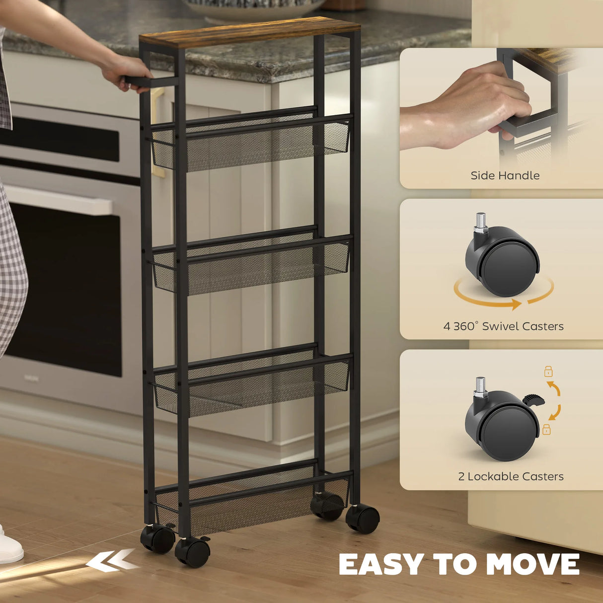 HOMCOM Slim Storage Trolley, 5-Tier Kitchen Cart on Wheels with Wood-effect Top, Handle for Living Room, Bathroom, Black