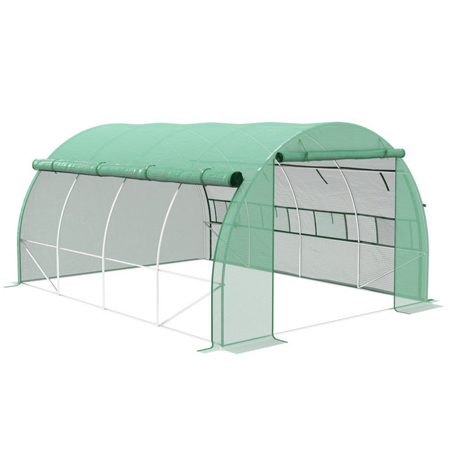 Outsunny Polytunnel Greenhouse Walk-in Grow House Tent with Roll-up Sidewalls, Zipped Door and 8 Windows, 4x3x2m Green