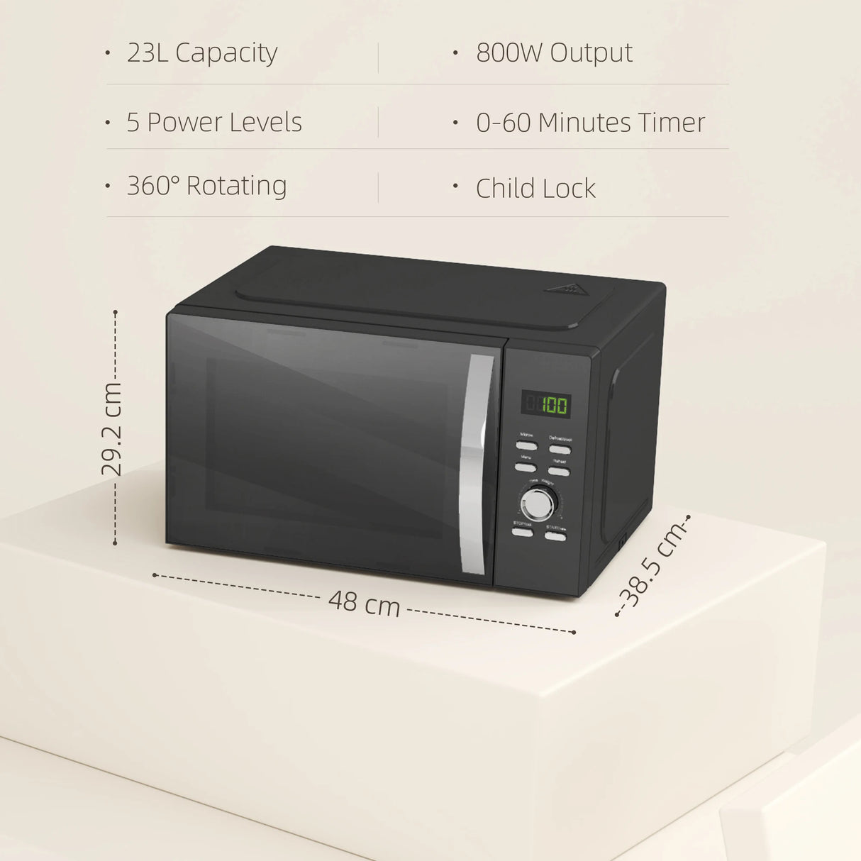 HOMCOM 23L 800W Microwave Oven, Digital Solo Microwave with 5 Power Levels, Automatic Defrost, 8 Auto Cook Menus, 60 Minutes Timer, Clock, Easy Clean, Small Black Microwave