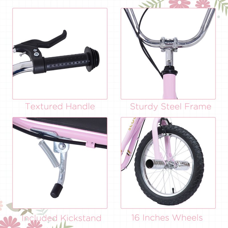 HOMCOM Stunt Scooter, Kids Scooter with 16" Big Wheels, Adjustable Height, Dual Brakes, for Ages 5+ Years, Pink