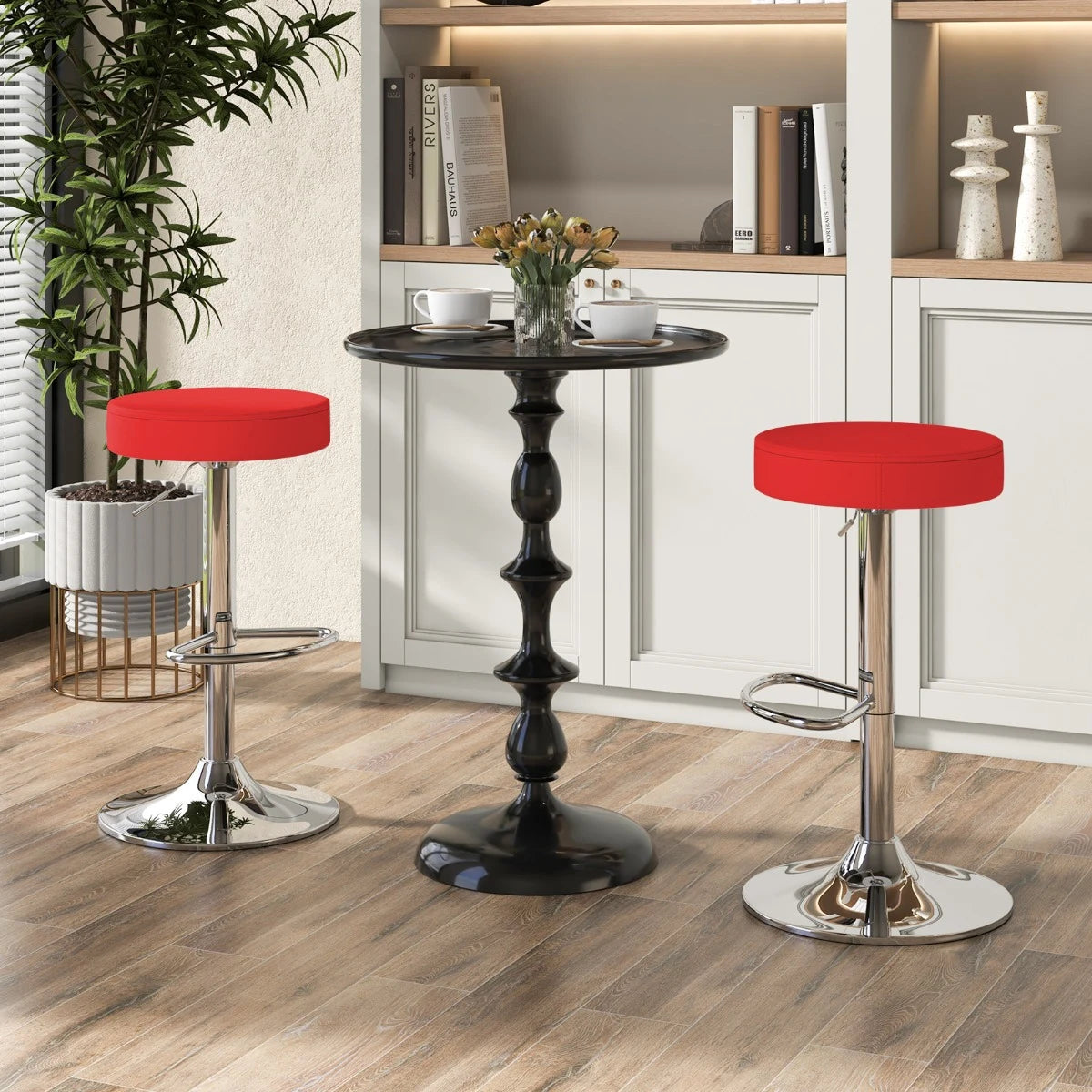 Height-adjustable Bar Stool Set of 2 with Footrest-Red