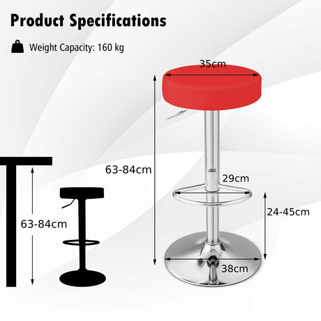 Height-adjustable Bar Stool Set of 2 with Footrest-Red