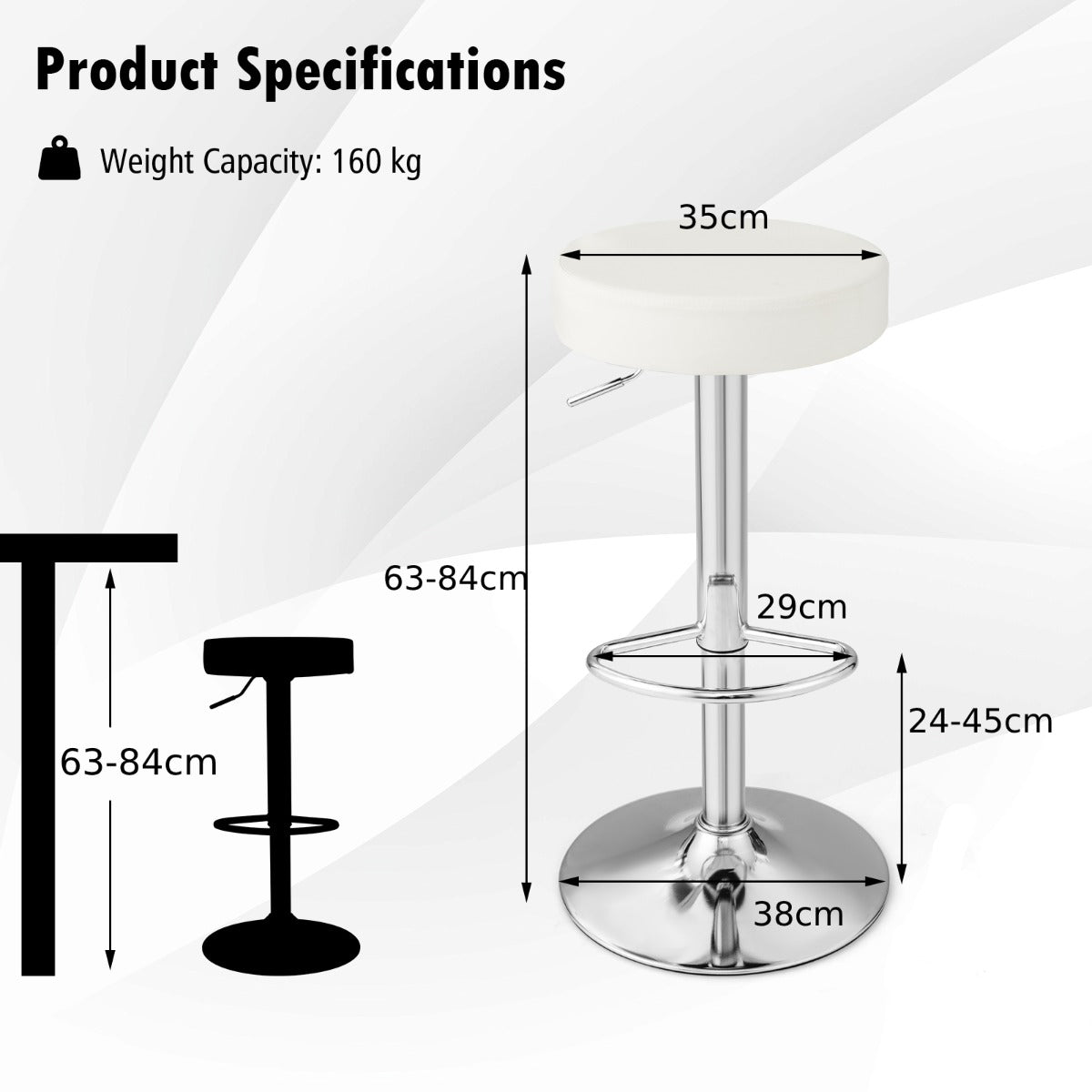Height-adjustable Bar Stool Set of 2 with Footrest-White