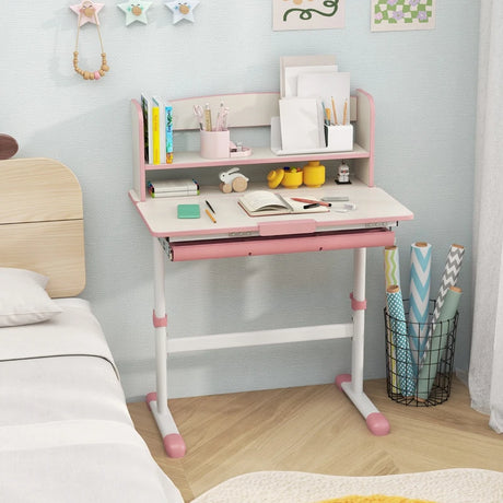 Height Adjustable Kids Study Desk with Tilt Desktop-Pink