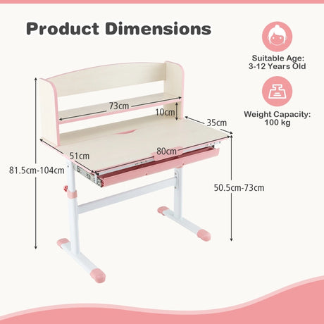 Height Adjustable Kids Study Desk with Tilt Desktop-Pink