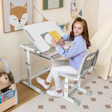 Children&#39;s Desk and Chair Set with Adjustable Height and Drawer, Table Set with Tilting Surface Grey