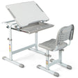 Children&#39;s Desk and Chair Set with Adjustable Height and Drawer, Table Set with Tilting Surface Grey