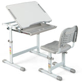 Children&#39;s Desk and Chair Set with Adjustable Height and Drawer, Table Set with Tilting Surface Grey