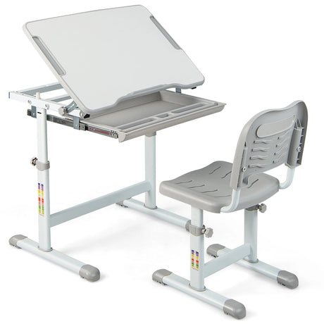 Children&#39;s Desk and Chair Set with Adjustable Height and Drawer, Table Set with Tilting Surface Grey