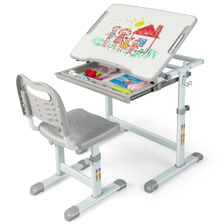 Children&#39;s Desk and Chair Set with Adjustable Height and Drawer, Table Set with Tilting Surface Grey