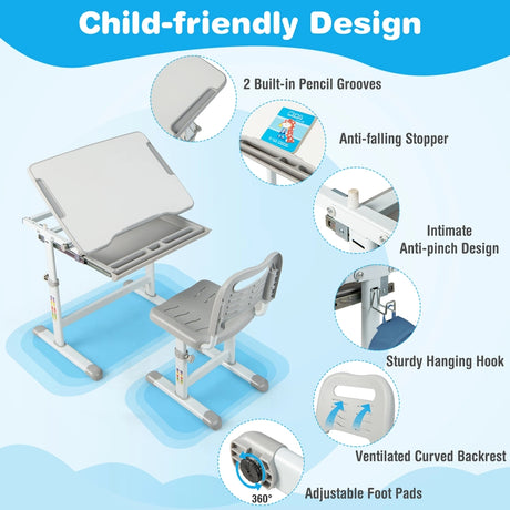 Children&#39;s Desk and Chair Set with Adjustable Height and Drawer, Table Set with Tilting Surface Grey