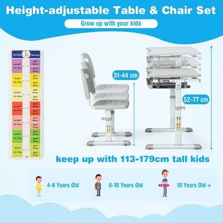 Children&#39;s Desk and Chair Set with Adjustable Height and Drawer, Table Set with Tilting Surface Grey