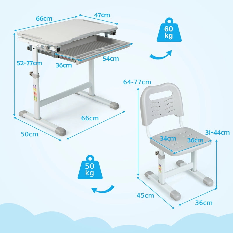 Children&#39;s Desk and Chair Set with Adjustable Height and Drawer, Table Set with Tilting Surface Grey