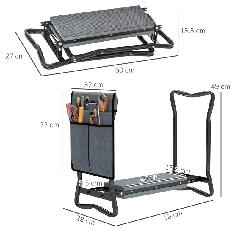 Outsunny 2 in 1 Garden Kneeler Seat, Kneeling Pad Support Bench, Foldable Knee Protector with Tool Bag, Grey