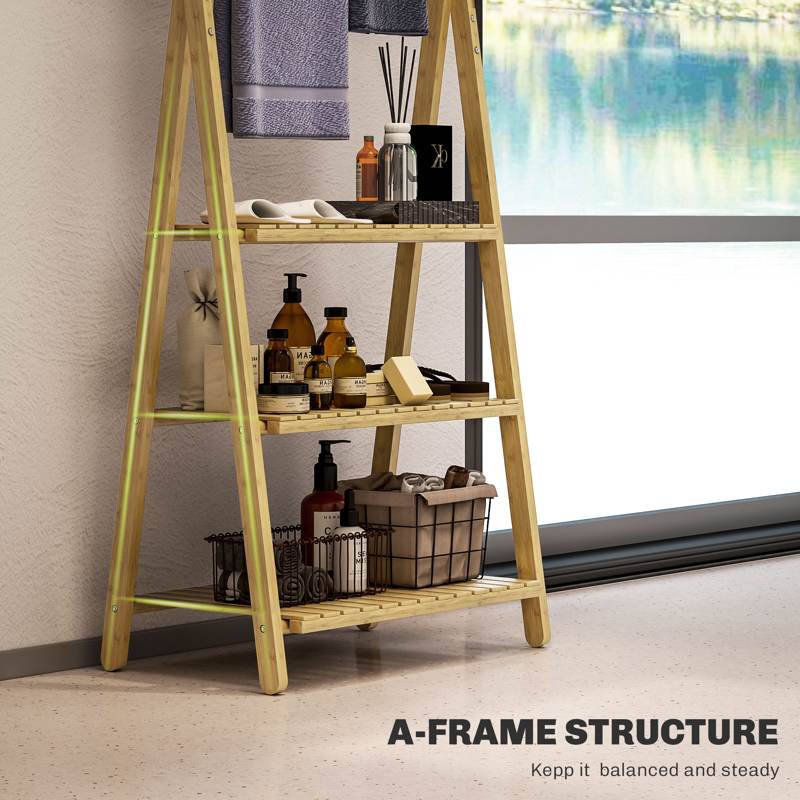 HOMCOM Three-Shelf Bamboo Storage Unit, with Towel Racks - Natural Finish