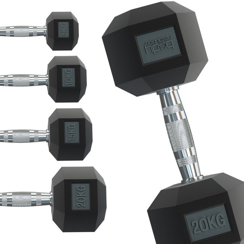 Body Revolution Hex Dumbbell - Anti-Roll Rubber Coated, Knurled Handle, Available in Various Sizes for Strength Training and Muscle Building  25kg pair (50kg Total)