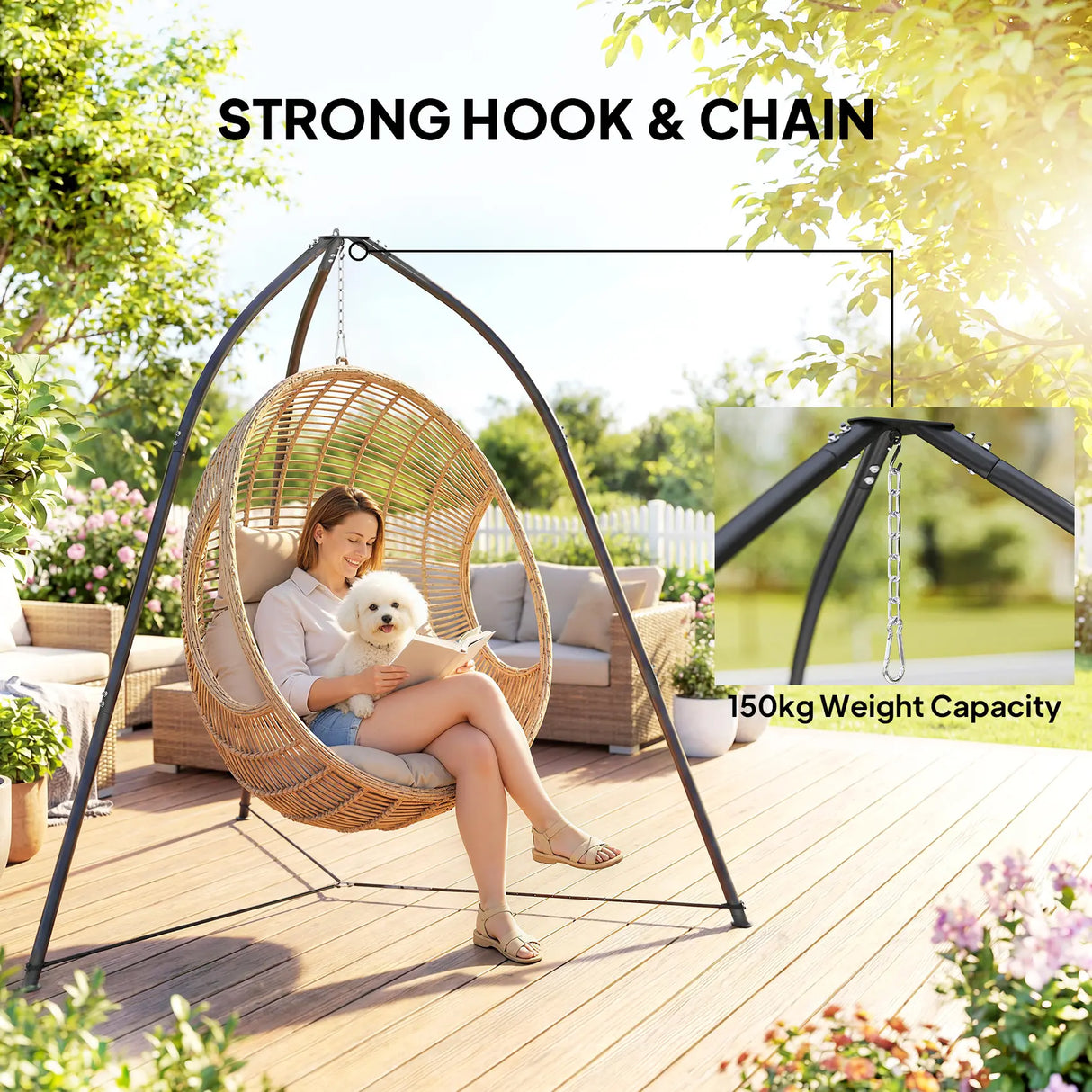 Outsunny Hammock Stand for Hanging Chair Adjustable Height Tripod Hammock Chair Stand Only with Chain, 150 kg Capacity, Black