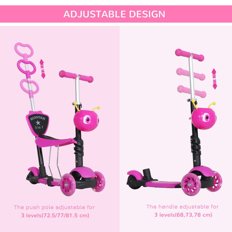 HOMCOM 5 in1 Kids  Scooter 3 Wheel Toddler scooter Kick Scooter with Adjustable Handlebar, Removable Seat & Back Rest for 18 Month+, Pink