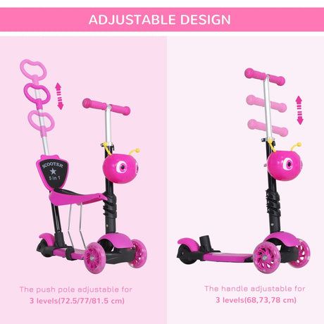 HOMCOM 5 in1 Kids  Scooter 3 Wheel Toddler scooter Kick Scooter with Adjustable Handlebar, Removable Seat & Back Rest for 18 Month+, Pink