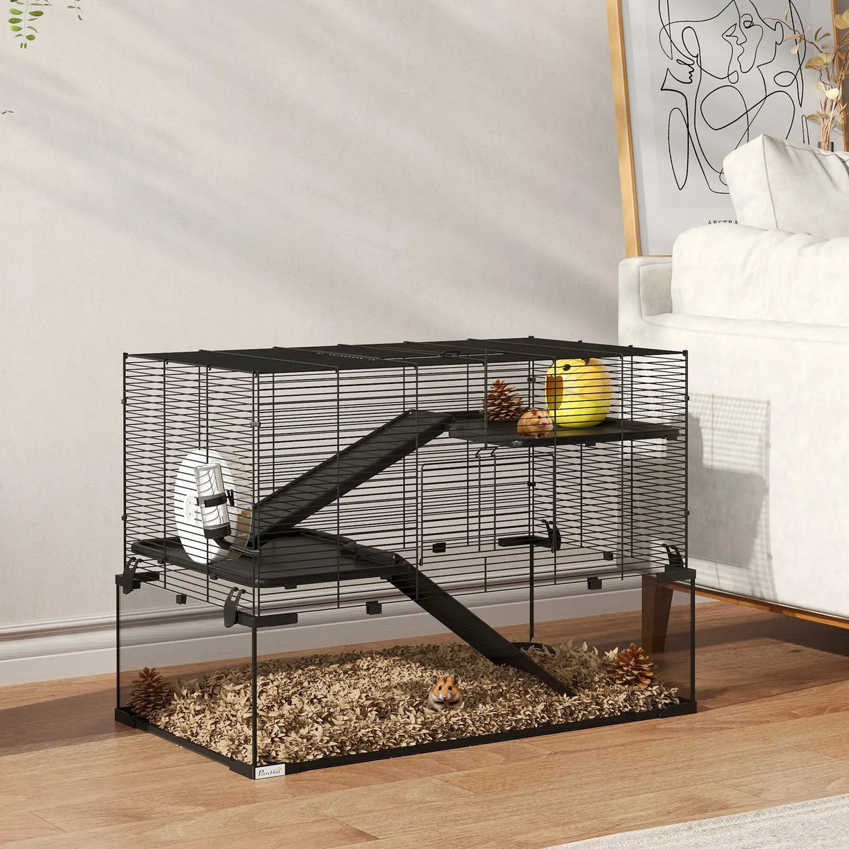 PawHut 3 Tiers Hamster Cage, Gerbil Cage with Deep Glass Bottom, Non-Slip Ramps, Platforms, Hut, Exercise Wheels, Water Bottle, Dish, for Syrian Hamster, Dwarf Hamster, 78.5 x 48.5 x 54.5cm