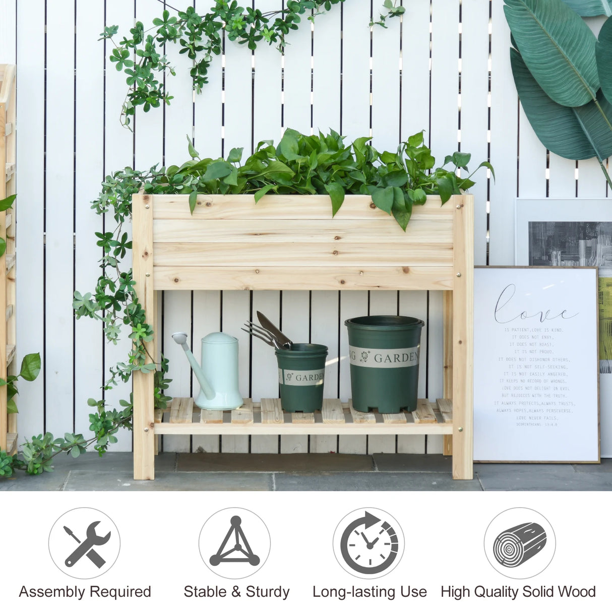 Outsunny Wooden Raised Plant Stand Outdoor Flower Bed Box with Clapboard 100 x 40 x 84cm
