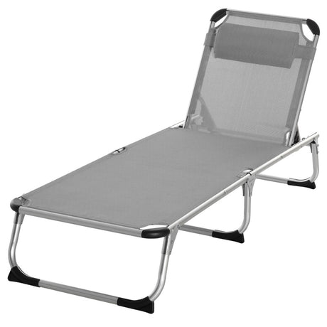 Outsunny Foldable Reclining Sun Lounger Lounge Chair Camping Bed Cot w/ Pillow 4-Level Adjustable Back Aluminium Frame Grey