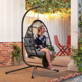 Outsunny Rattan Hanging Egg Chair with Stand, Foldable Wicker Swing Egg Chair with Cushion, Head Pillow, Steel Frame, Hammock Chair for Indoor Outdoor, Capacity 150 kg, Dark Grey