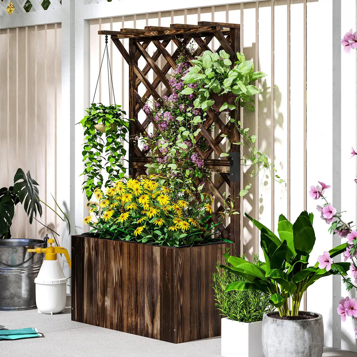 Outsunny Wooden Planter with Trellis, Freestanding Raised Garden Bed with Drainage Holes, Outdoor Planter Box with Liner for Vegetables, Herbs and Flowers, Carbonised