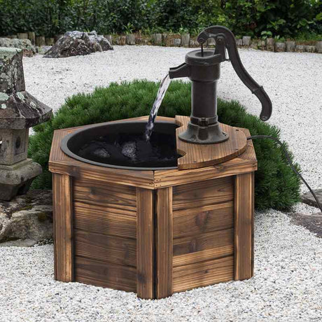 Outsunny Wooden Electric Water Fountain Garden Ornament w/ Hand Pump Plastic Well Classic Water Pump Feature Decoration Suitable For Garden Patio Oasis