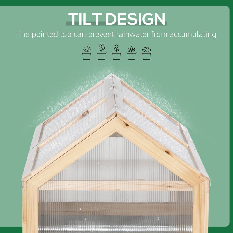 Outsunny Raised Garden Bed with Greenhouse Top, Garden Wooden Cold Frame Greenhouse Flower Planter Protection with 2 Independent Roofs, 122x 61 x 82cm, Natural