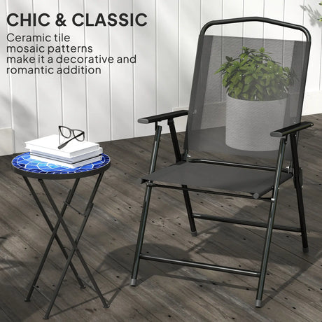 Outsunny Mosaic Outdoor Garden Table, 35.5cm Round Folding Coffee Table with Metal Frame for Balcony Terrace, Navy Blue