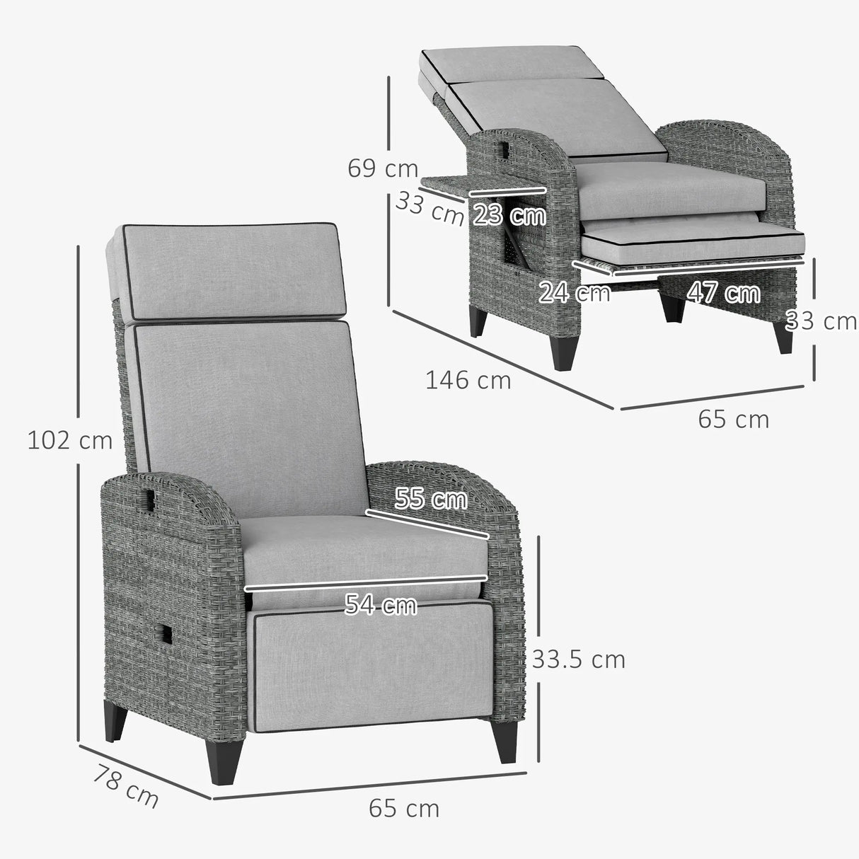 Outsunny Outdoor Recliner Chair with Adjustable Backrest and Footrest, Cushion, Side Tray, Light Grey/Grey