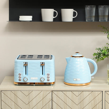 HOMCOM 3000W 1.7L Kettle & 4 Slice Toaster, Kettle and Toaster Set with 7 Browning Controls and Crumb Tray, Light Blue