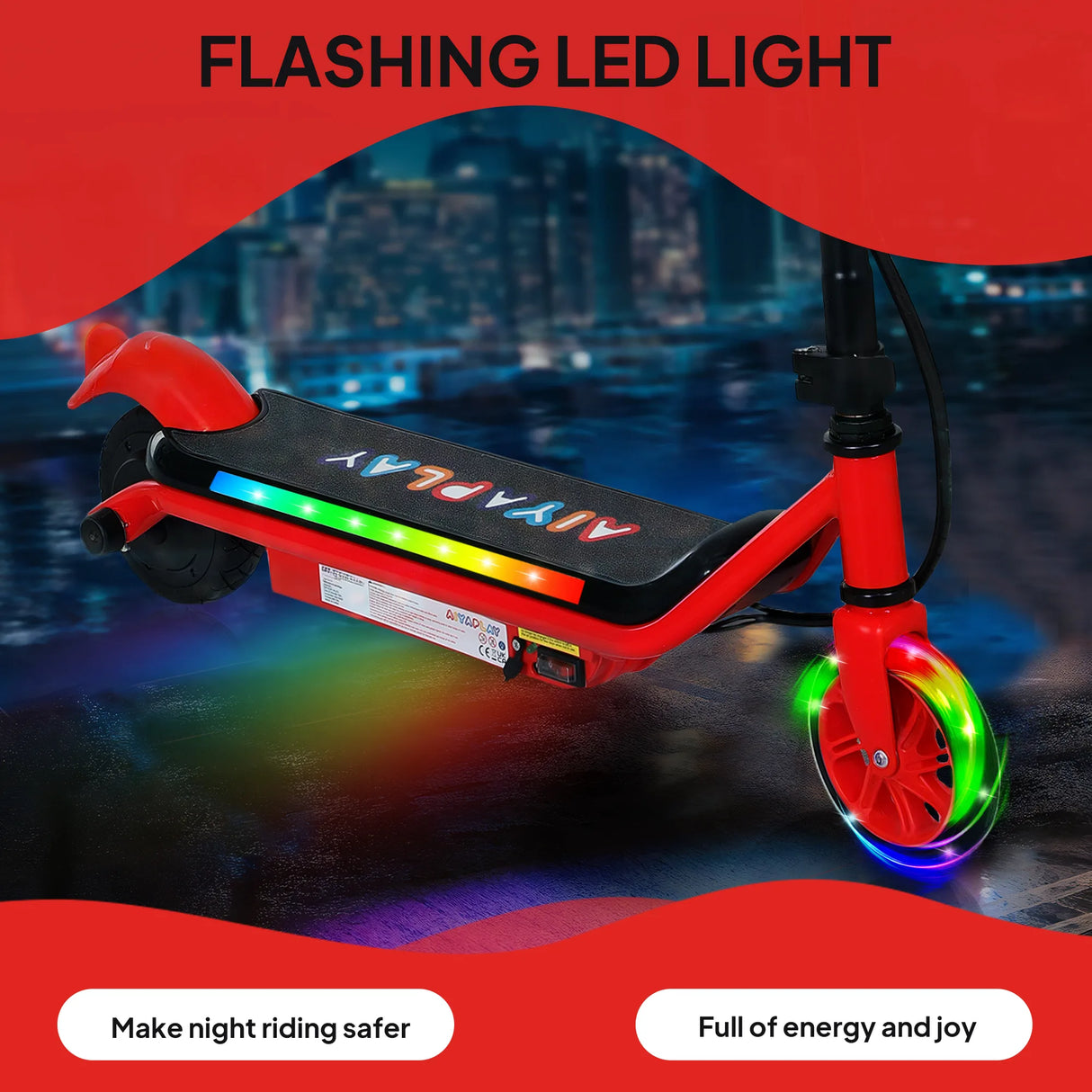 AIYAPLAY Electric Scooter for Kids Aged 6-14 Years, with Colourful Lights, Red