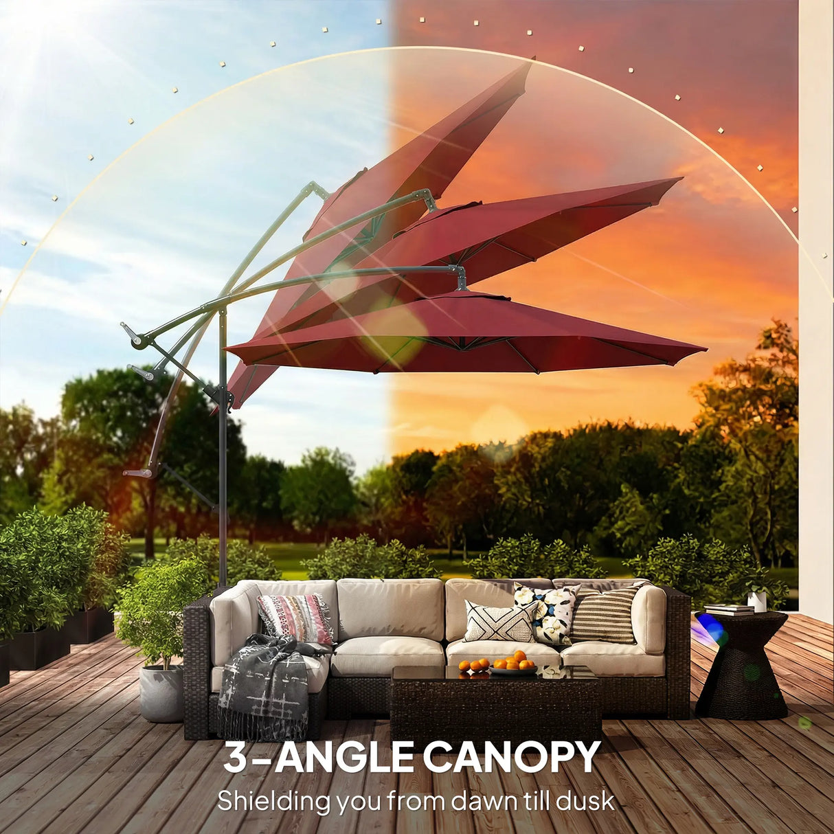 Outsunny 3 m Overhanging Cantilever Parasol, with Cross Base - Wine Red