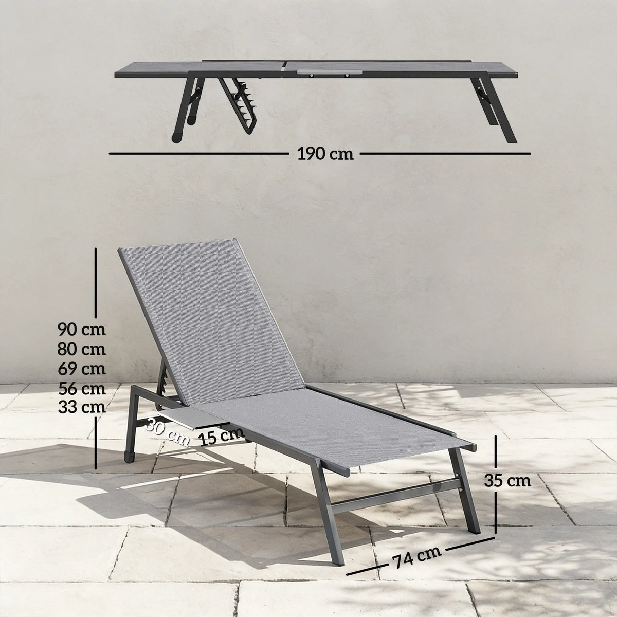 Outsunny Sun Loungers Set of 2 with Side Tray Table, Garden Recliners with 5-Position Adjustable Backrest, 2 Wheels, Grey