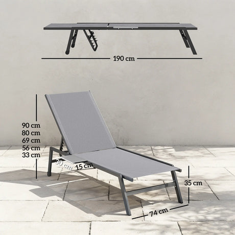 Outsunny Sun Loungers Set of 2 with Side Tray Table, Garden Recliners with 5-Position Adjustable Backrest, 2 Wheels, Grey