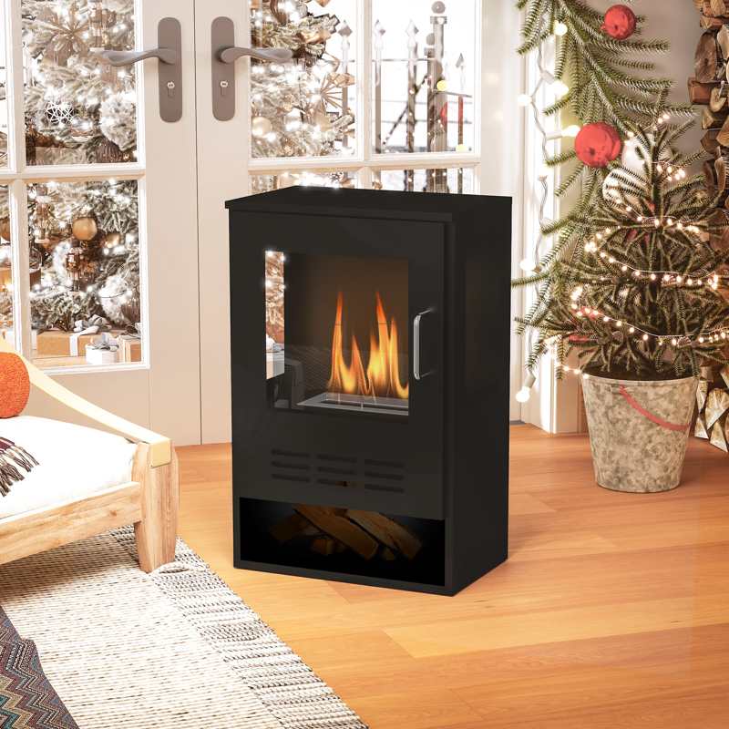 HOMCOM Ethanol Fireplace Stove with Shelf, Freestanding Bioethanol Fire, Indoor Ethanol Burner with 0.9 Litres Volume, Burns for Up to 3.3 Hours, 27 Inch, Black