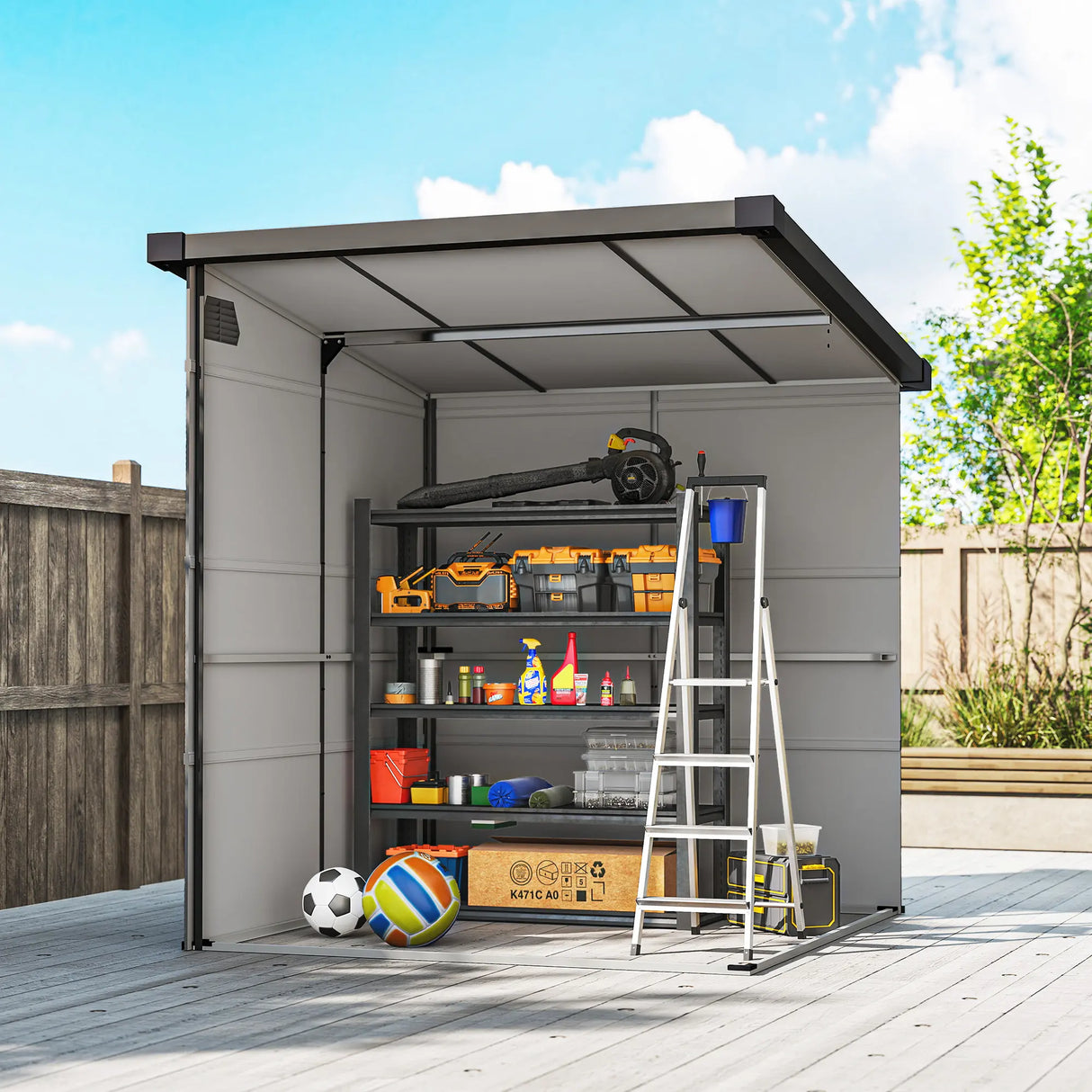 Outsunny 6 x 6ft Outdoor Storage Shed, Plastic Garden Shed with Windows and Air Vents, Outdoor Resin Tool Shed with Latch Doors for Garden, Deck, Light Grey