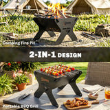 Outsunny 2-In-1 Portable BBQ Grill and Camping Fire Pit, Tabletop Charcoal Barbecue Grill with Gripper, Gloves and Carry Bag