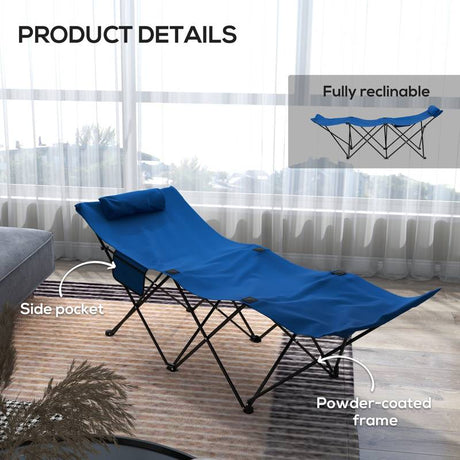 Outsunny Foldable Sun Lounger, Outdoor Tanning Sun Lounger Chair with Side Pocket, Headrest, Oxford Seat, for Beach, Yard, Patio, Dark Blue