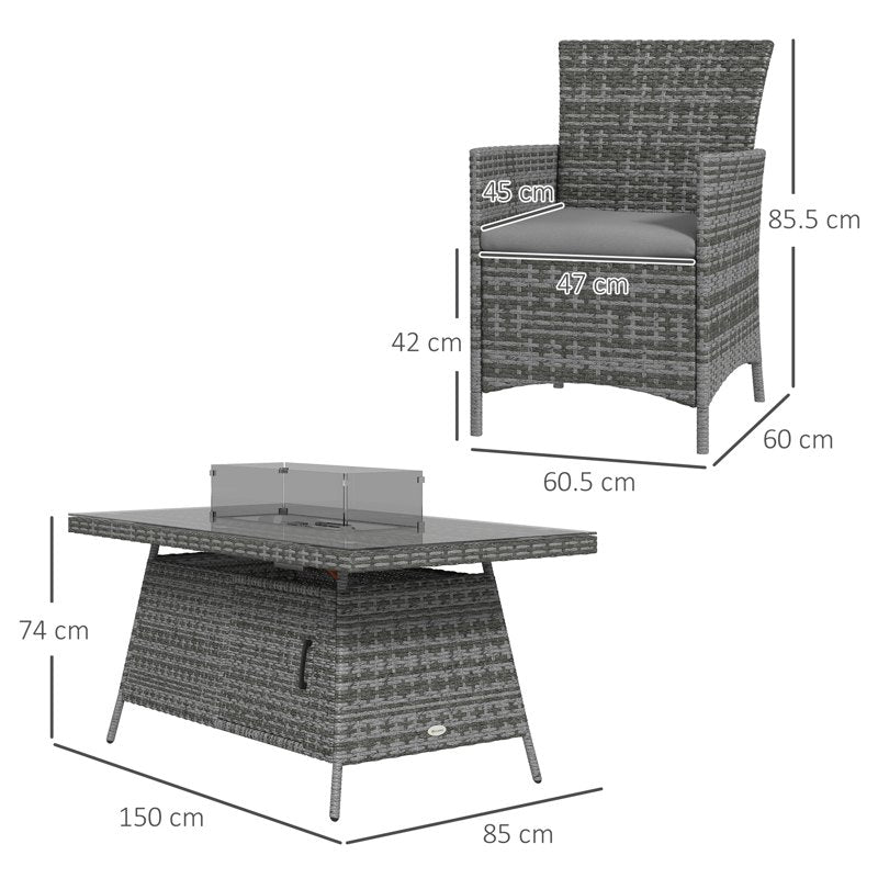 Outsunny 7 Pieces Outdoor Rattan Garden Furniture with Fire Pit Table, 6 Seater Garden Table and Chairs with Cushions, Rattan Dining Set with Propane Heater Table, Windscreen, 50,000 BTU, Grey