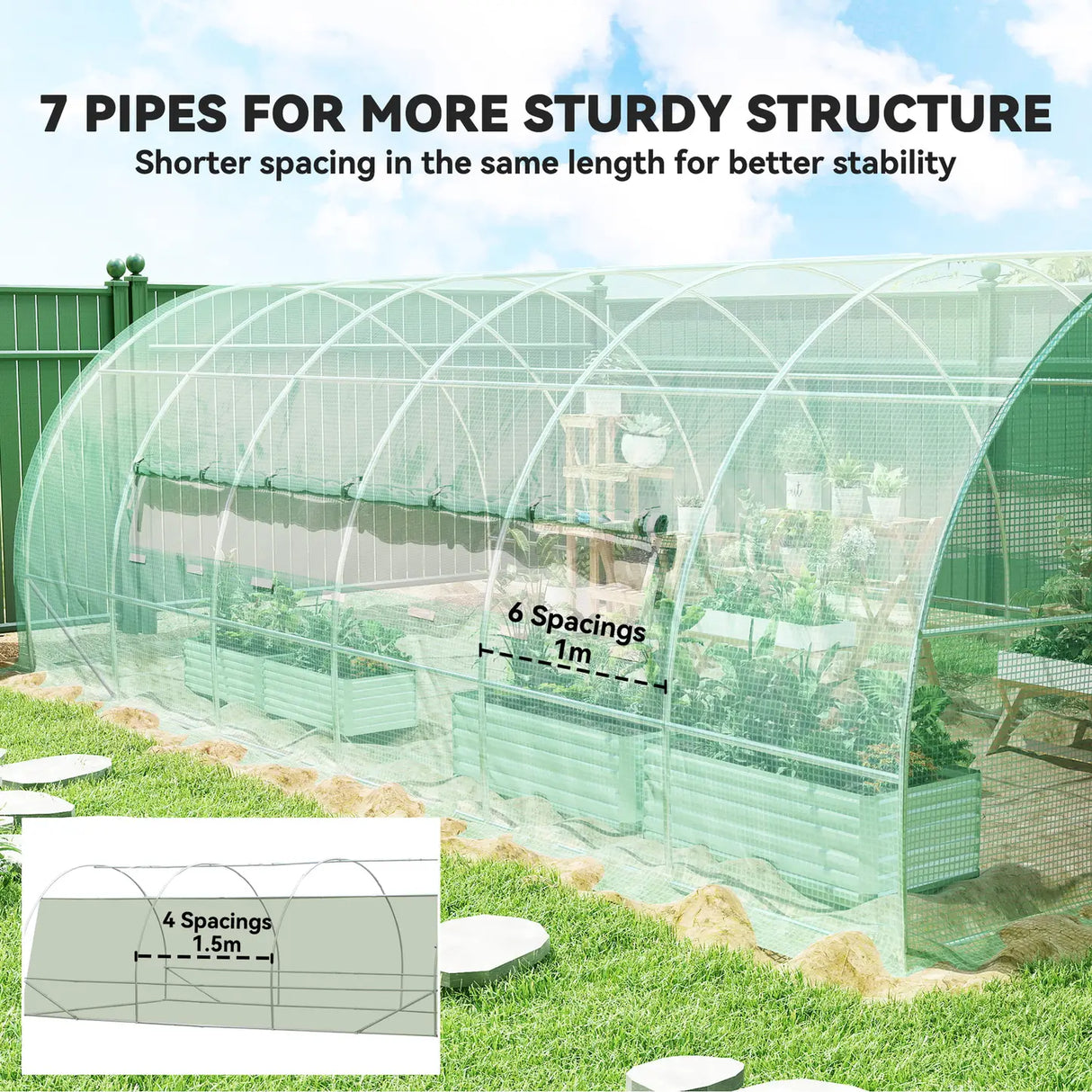 Outsunny Large Polytunnel Walk In Greenhouse, Plant Gardening Tunnel Green House with Metal Hinged Door, Galvanised Steel Frame & Mesh Windows, Green (3 x 6 m)