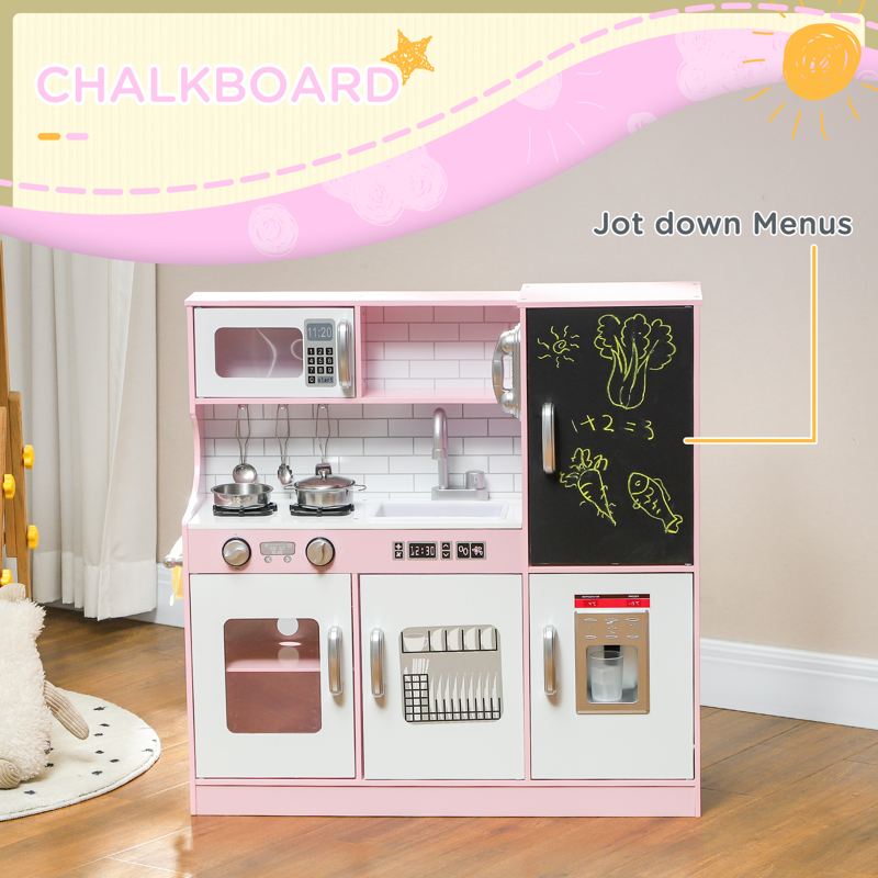 AIYAPLAY Pretend Play Kitchen, Kids Kitchen Playset w/ Toy Phone, Chalkboard, Microwave, Cooking Stove, Sink