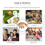 Outsunny 6 Seater Wooden Picnic Table and Bench Set Round Patio Dining Set with 3 Benches and Umbrella Hole Outdoor Garden Park, Brownish Red